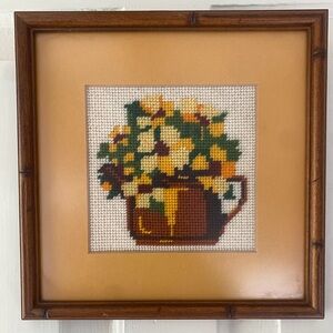 Vintage Finished Needlework Framed Matted w/ Glass Golden Bouquet Flowers 8”